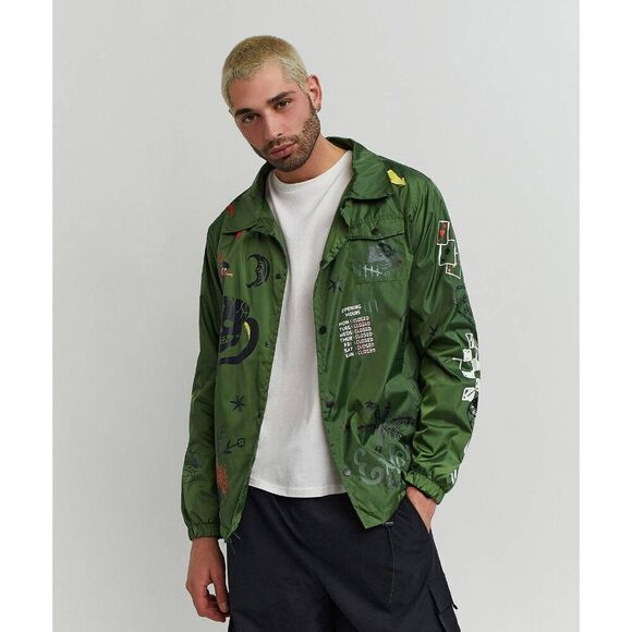 New XL Reason Gritty Coach Jacket Oilve Green Front Snap Long Sleeve Windbreaker - Picture 2 of 11